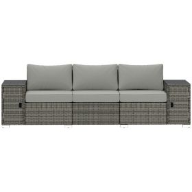 3 Seater Wicker Outdoor Couch Patio Sofa with Storage, Thickened Cushions and Wide Armrests for Porch Yard, Gray