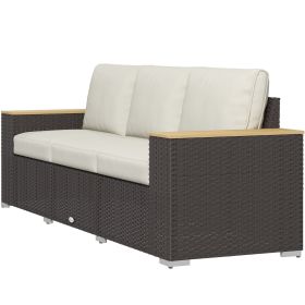 3-Seat Patio Sofa with Cushions Beige PE Rattan Outdoor Couch Wood Grain Armrests for Porch Garden Poolside