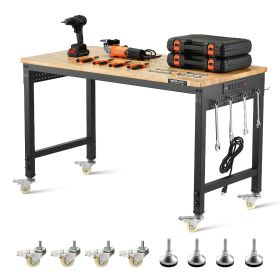 VEVOR 48-Inch Adjustable Workbench, 2000 lbs Load, Work Bench with Power Outlet, Wheels, and Pegboard, Heavy Duty Oak Wood Top Work Table for Gar