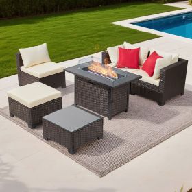 VEVOR 6-Piece Outdoor Patio Furniture Set, Wicker Rattan Outdoor Sectional Conversation Set with 50000BTU Propane Fire Pit Table, Cushioned Sofas