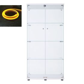 LED Strip Light Two Door Glass Cabinet Glass Display Cabinet with 4 Shelves, White