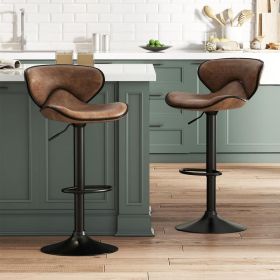 Set of 2 Adjustable Swivel PU Leather Bar Stools with Curved Footrest (Color: Retro Brown)
